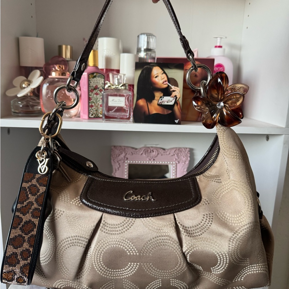 Coach Beige & Brown Signature Shoulder Bag with Flower Charm